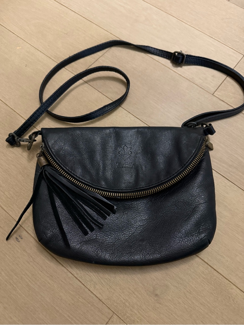 Black Leather Crossbody Bag with Tassel